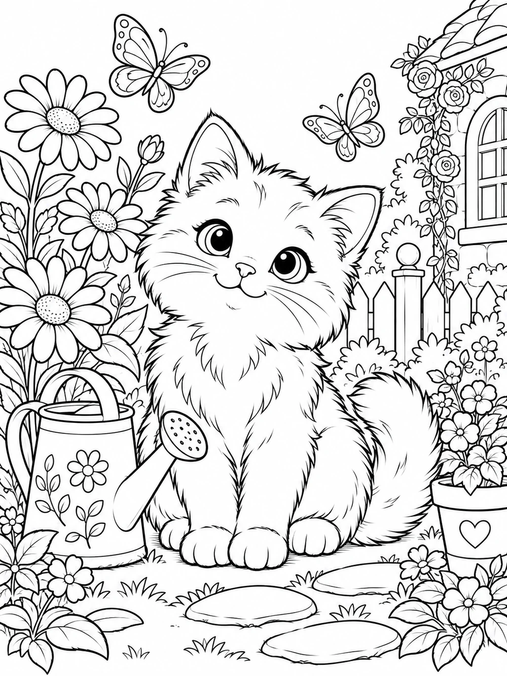 Illustrative cat coloring page example; your generated page will appear here